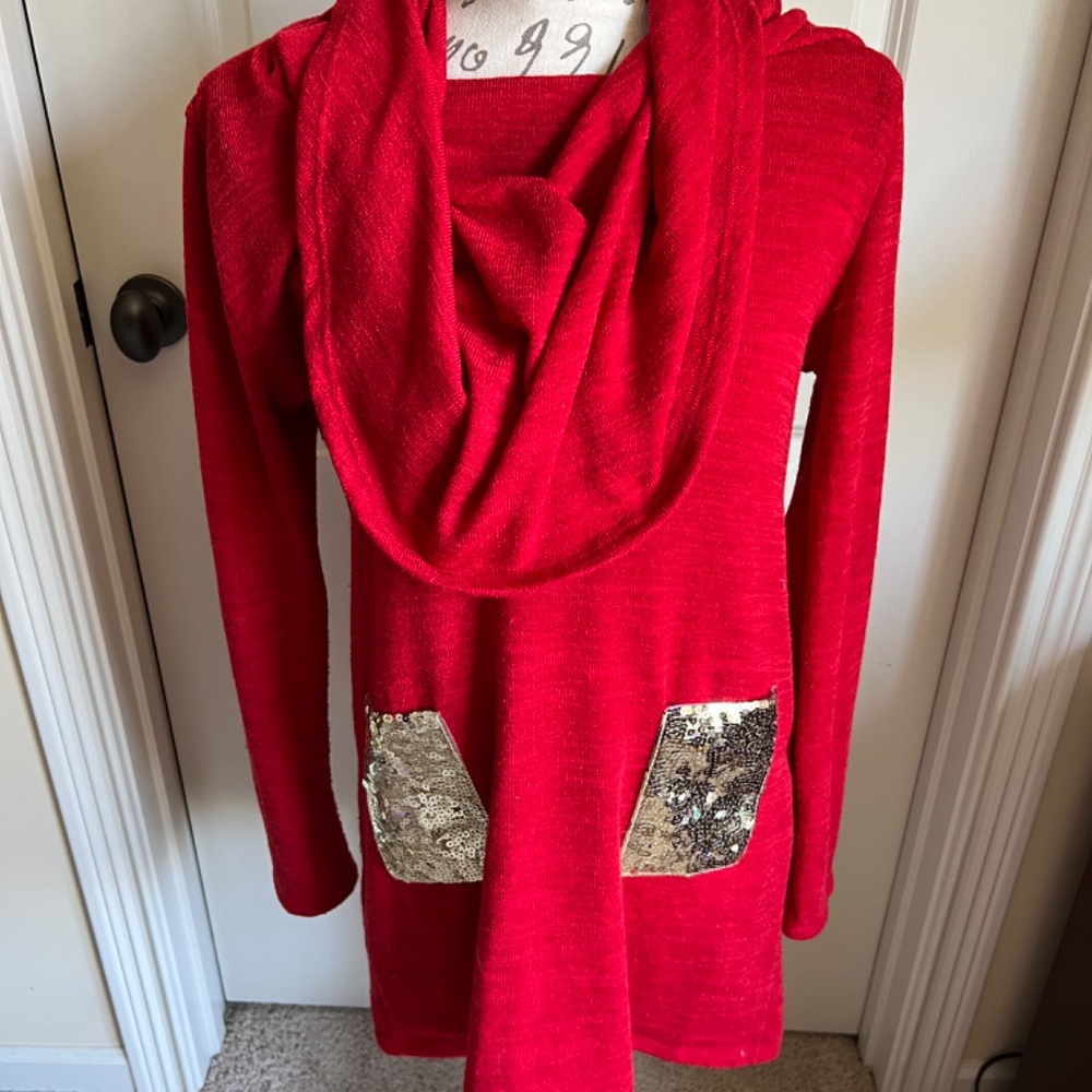 Bellamie Medium Cherry Red Cowl Neck Long Tunic Sweater Gold Sequin Pockets
